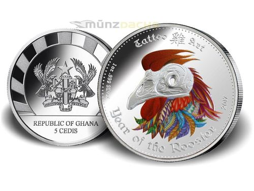 5 Cedis Lunar Tattoo Art Hahn Year of the Rooster High Relief Ghana 1 oz Silber PP 2017