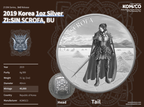 1 Clay The Twelve Guardians - ZI:SIN Scrofa South Korea Südkorea 1 oz Silber 2019