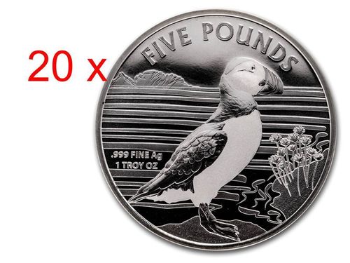 20 x 5 Pfund Pounds Puffin - Papageientaucher Alderney 20 x 1 oz Silber 2019 Tube **