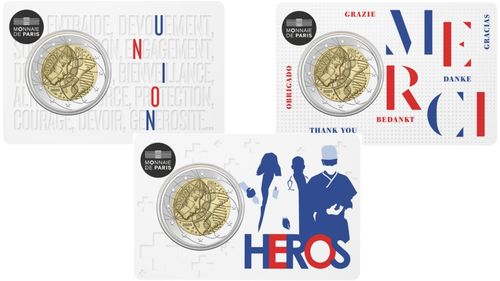 3 x 2 Euro Gedenkmünze Medizinische Forschung - Union - Merci - Heros Frankreich 2020 BU Coincard