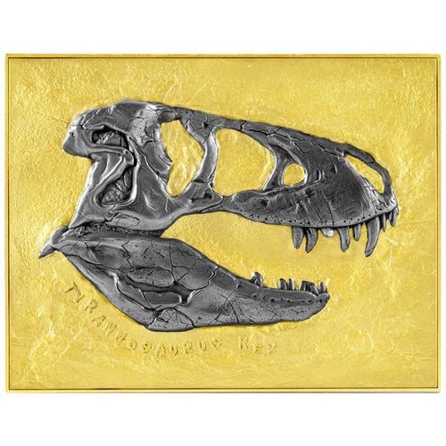 5.000 Francs Tyrannosaurus Rex Fossil High Relief Gilded Tschad 1 oz Silber + 14 oz Kupfer 2023 **